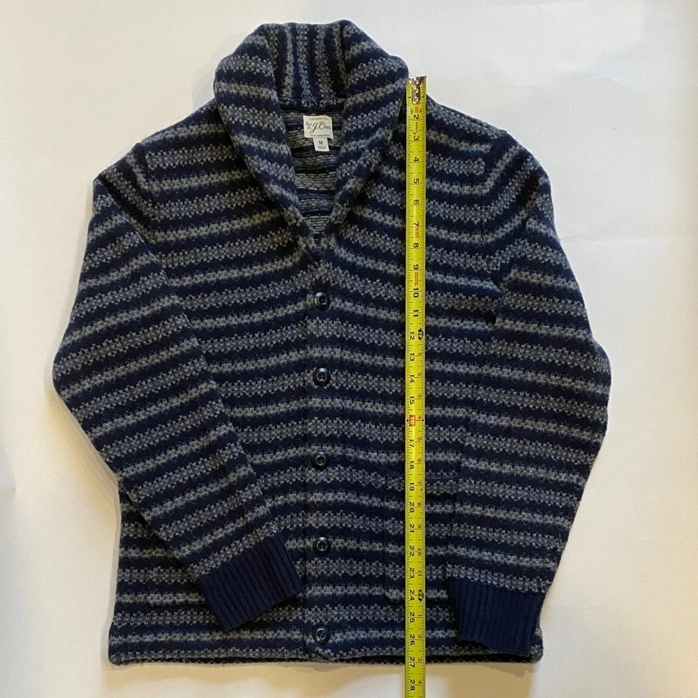 J. Crew Fair Isle lambswool navy and gray striped cardigan